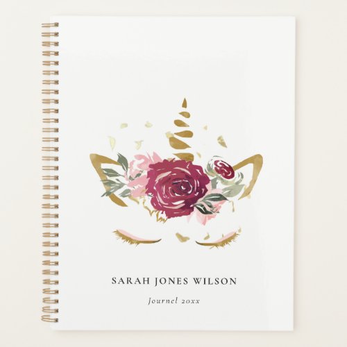 Cute Pink Burgundy Faux Gold Floral Unicorn Kids Planner