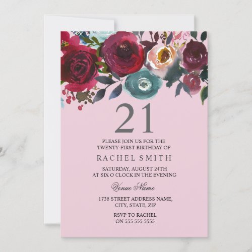 Cute Pink Burgundy Floral 21st Birthday Invite