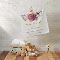 Cute Pink Burgundy Gold Floral Unicorn Birth Stat Baby Blanket