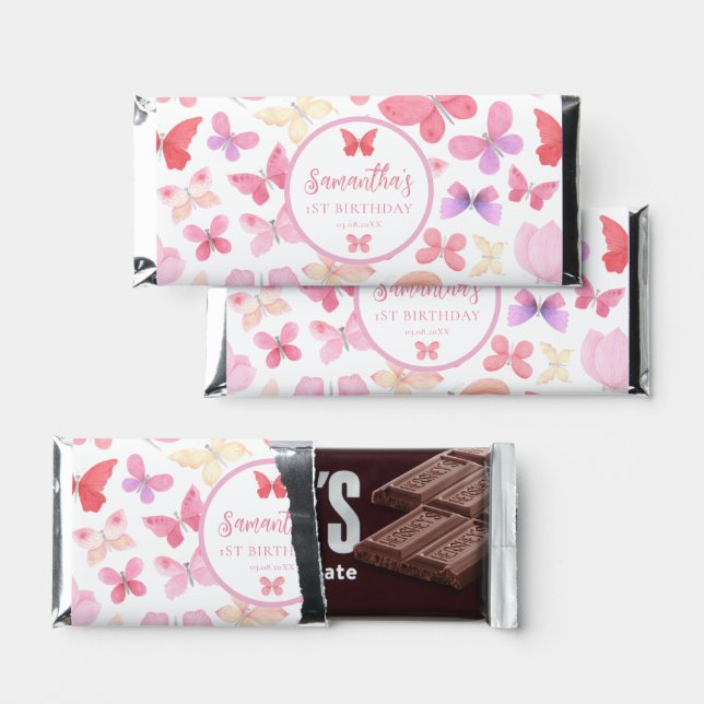 Cute Pink Butterflies Birthday Candy Wrapper Hershey Bar Favors (Front)