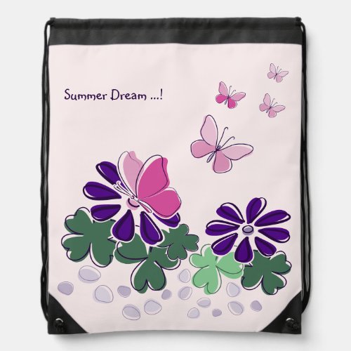 Cute Pink Butterflies Green Purple Flower Doodle Drawstring Bag