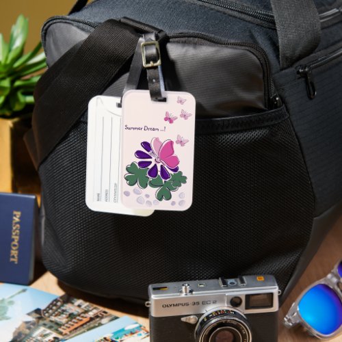 Cute Pink Butterflies Green Purple Flower Doodle Luggage Tag