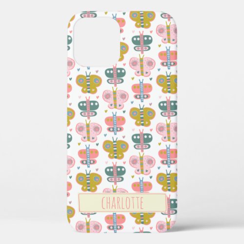 Cute Pink Butterflies Pattern Personalized Name iPhone 12 Case