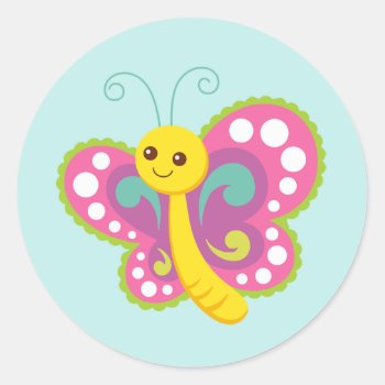 Cute Pink Butterfly Classic Round Sticker by Xuxario at Zazzle
