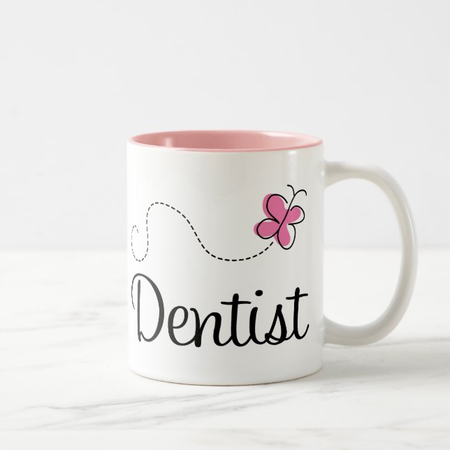 Cute Pink Butterfly Dentist Two-Tone Coffee Mug (Right)