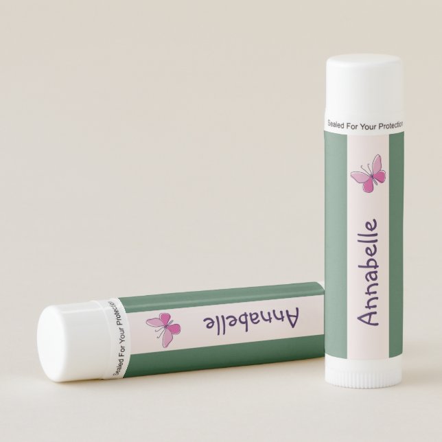 Cute Pink Butterfly Doodle Your Name Lip Balm (Front)