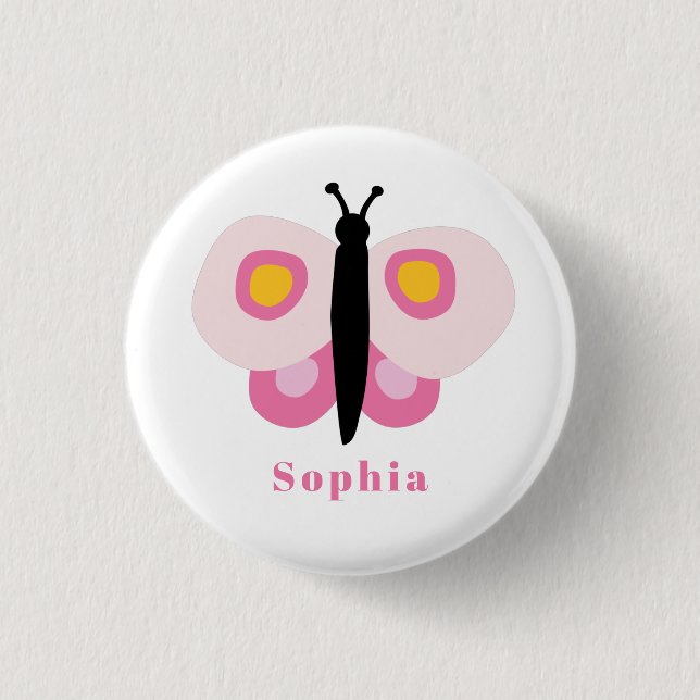 Cute pink butterfly first name button (Front)