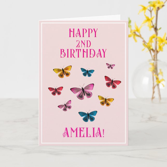Cute Pink Butterfly Girl Birthday  Card (Yellow Flower)