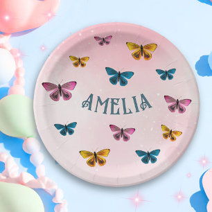 Cute Pink Butterfly Girl Birthday Party Paper Plates