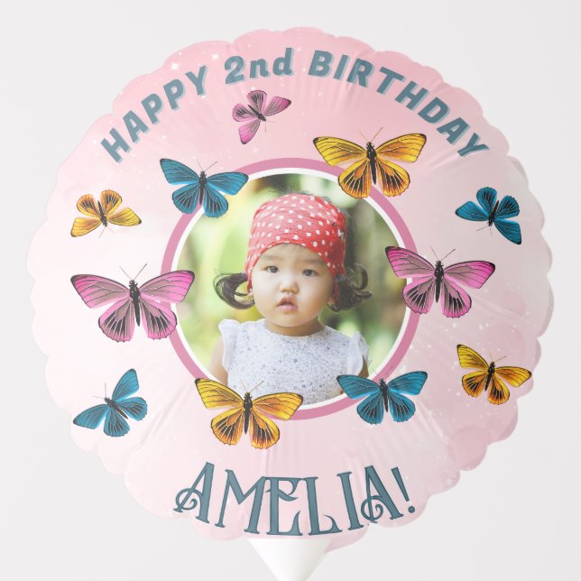 Cute Pink Butterfly Girl Birthday Party Photo Balloon (Front)