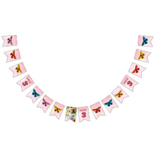 Cute Pink Butterfly Girl Birthday Party Photo Bunting Flags