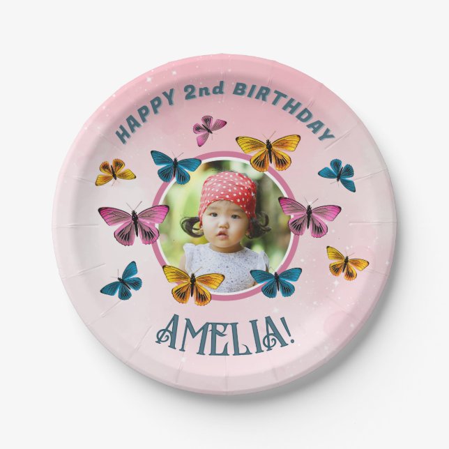 Cute Pink Butterfly Girl Birthday Party Photo Paper Plates (Front)