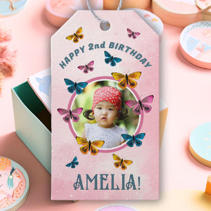 Cute Pink Butterfly Girl Birthday Photo Gift Tags