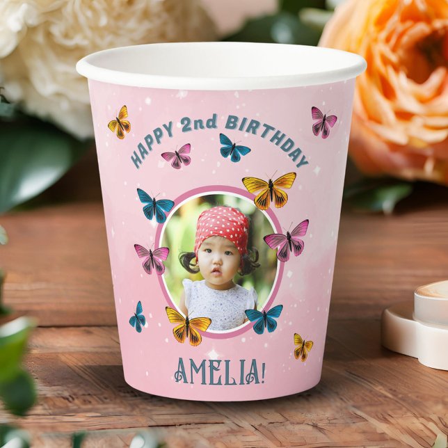 Cute Pink Butterfly Girl Birthday Photo Paper Cups (Creator Uploaded)