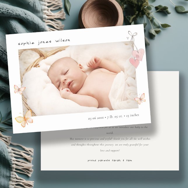 Cute Pink Butterfly Heart Photo Birth Announcement (Creator Uploaded)