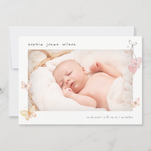 Cute Pink Butterfly Heart Photo Birth Announcement
