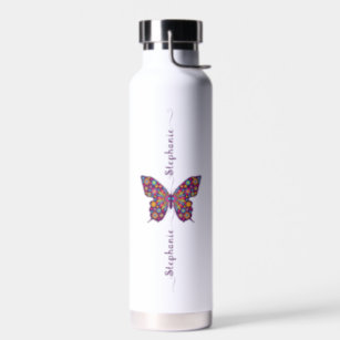 Cute Pink Butterfly Name Minimalist Personalized  Water Bottle
