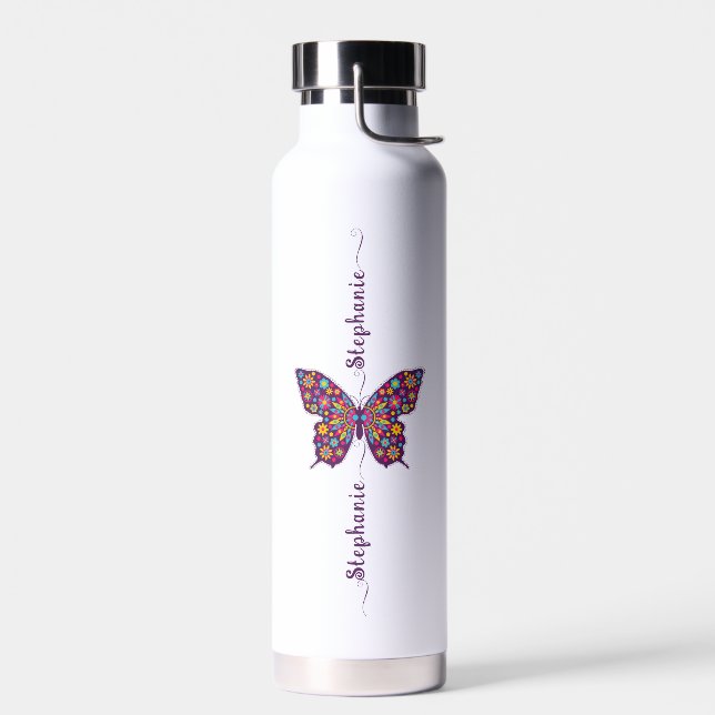 Cute Pink Butterfly Name Minimalist Personalized  Water Bottle (Left)