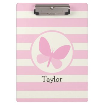 Cute Pink Butterfly On Retro Stripes Clipboard by Birthday_Party_House at Zazzle