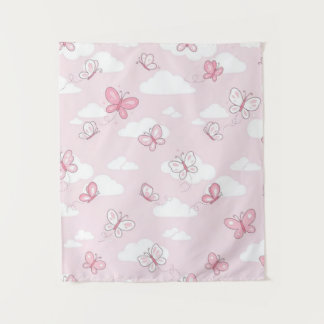 Cute Pink Butterfly Pastel Clouds Nursery Wall Tap Tapestry