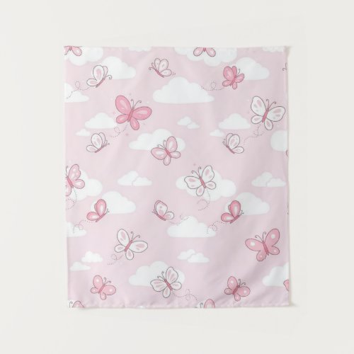 Cute Pink Butterfly Pastel Clouds Nursery Wall Tap Tapestry