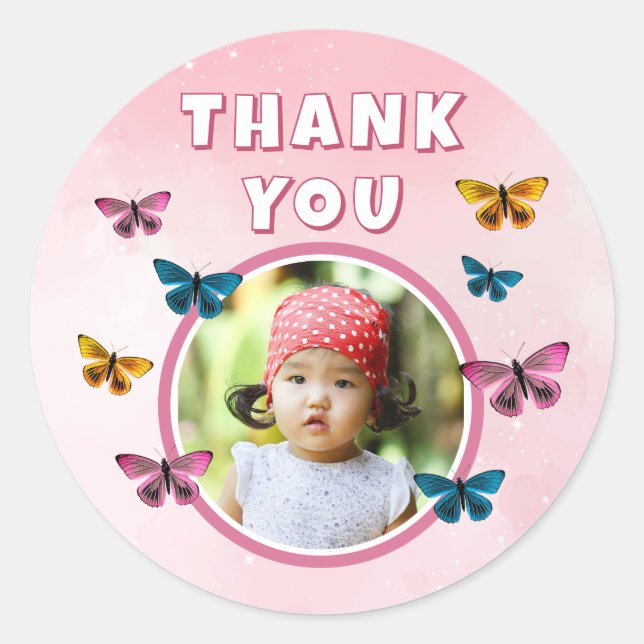 Cute Pink Butterfly Pattern Birthday Photo Classic Round Sticker (Front)