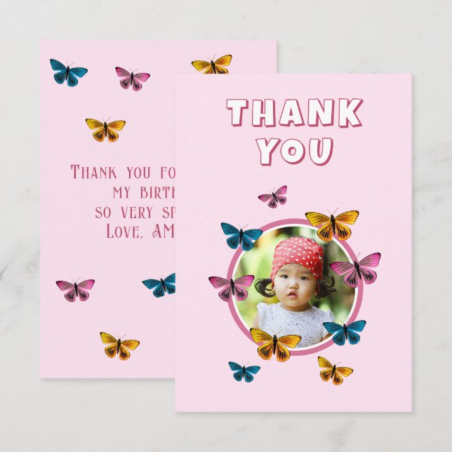 Cute Pink Butterfly Pattern Birthday Photo Thank You Card (Front/Back)