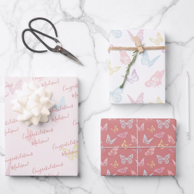 Cute Pink Butterfly Pattern Custom Baby Shower Wrapping Paper Sheets (Front)