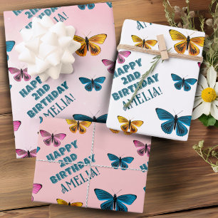 Cute Pink Butterfly Pattern Girl Birthday Wrapping Paper Sheets