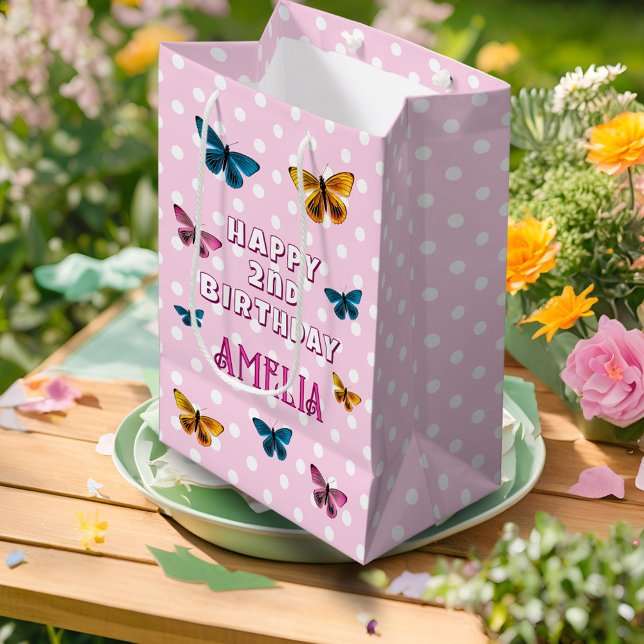 Cute Pink Butterfly Pattern Girl Happy Birthday Medium Gift Bag (Creator Uploaded)