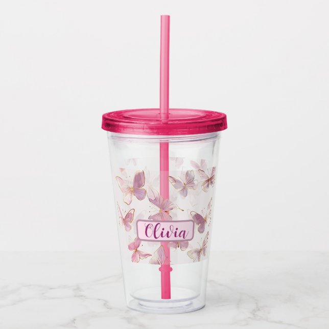 Cute Pink Butterfly Personalized Acrylic Tumbler (Front)