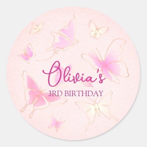 Cute Pink Butterfly Personalized Round Stickers