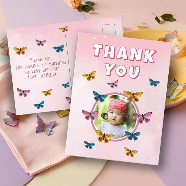 Cute Pink Butterfly Thank you Birthday Photo Postcard (Creator Uploaded)