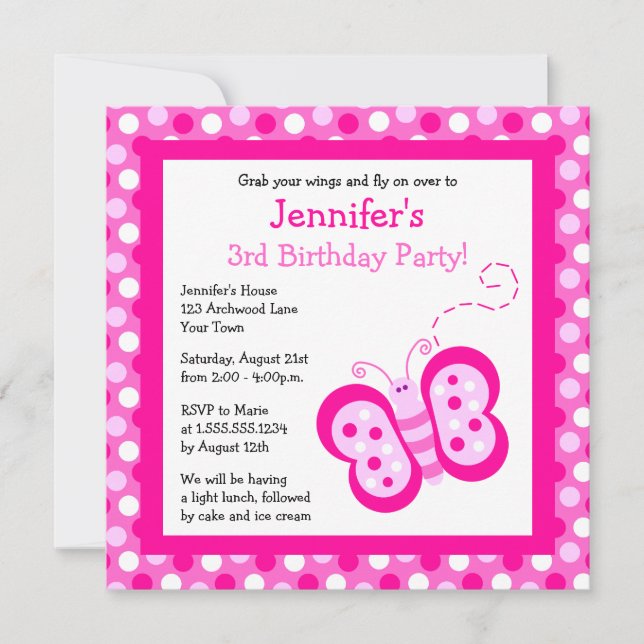 Cute Pink Butterfly w/ Polka Dots Birthday Invite (Front)