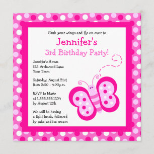 Cute Pink Butterfly w/ Polka Dots Birthday Invite