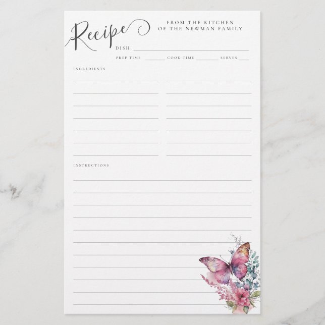 Cute Pink Butterfly Wildflower Family Recipe Card (Front)