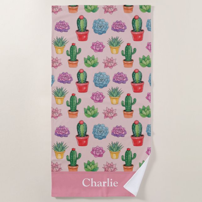 Cute Pink Cactus Beach Towel (Front)