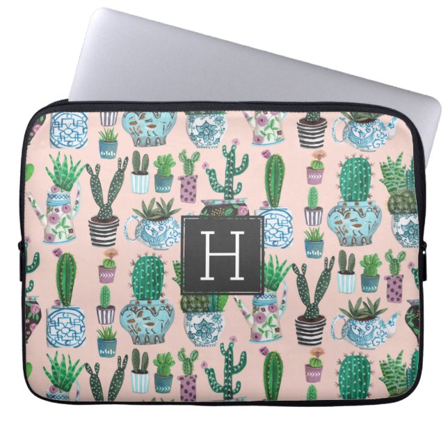 Cute pink cactus succulent monogram pattern laptop sleeve (Front)