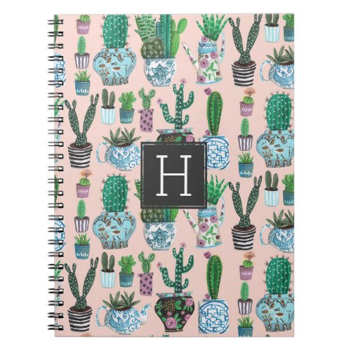 Cute pink cactus succulent monogram pattern notebook