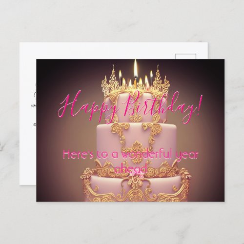 Cute Pink Cake Happy Birthday Wishes Postcard