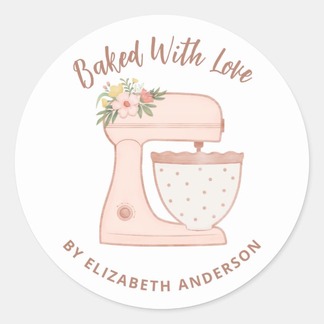 Cute Pink Cake Mixer Baked With Love Classic Round Sticker (Front)