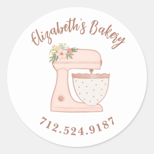 Cute Pink Cake Mixer Bakery Business Classic Round Sticker (Front)