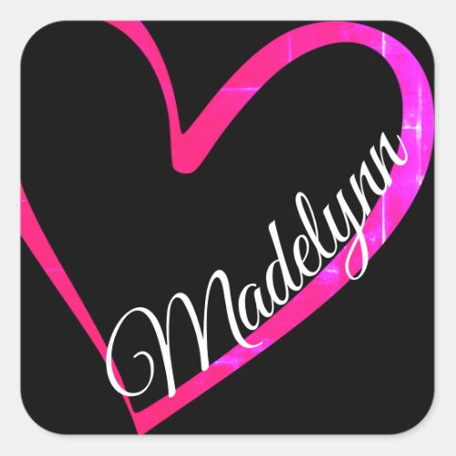 Cute Pink Calligraphy Heart on Black Custom Name Square Sticker