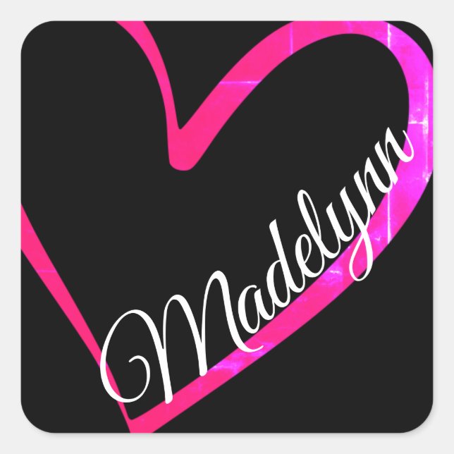 Cute Pink Calligraphy Heart on Black Custom Name Square Sticker (Front)