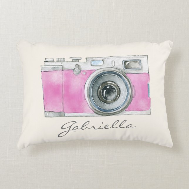 Cute Pink Camera Personalized Photographer Gift Accent Pillow (Front)