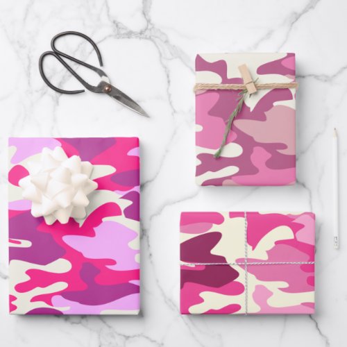 Cute Pink Camouflage Trendy Camo Pattern 3 Gifts Wrapping Paper Sheets