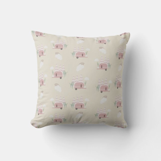 Cute Pink Camper Earthy Pattern Throw Pillow (Front)