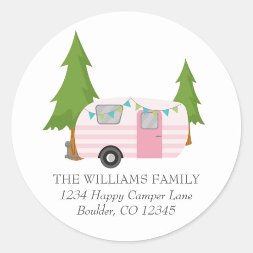  Cute Pink Camper Outdoor Lovers Return Address  Classic Round Sticker
