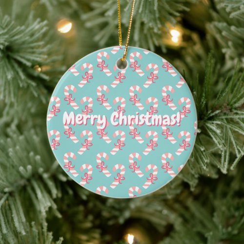 Cute Pink Candy Cane Pattern _ Aqua Blue Christmas Ceramic Ornament