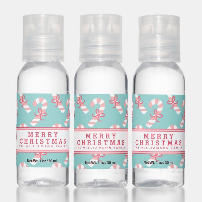 Cute Pink Candy Cane Pattern - Teal Christmas Hand Sanitizer (Set)